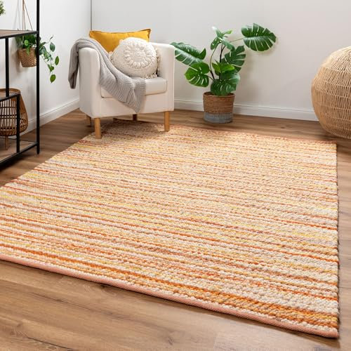 Steffensmeier Handweb Teppich Schwansee | Schurwolle | mit Fusselstopp | Gelb, handgewebt, Größe: 140x200 cm Wohnzimmer und Schlafzimmer