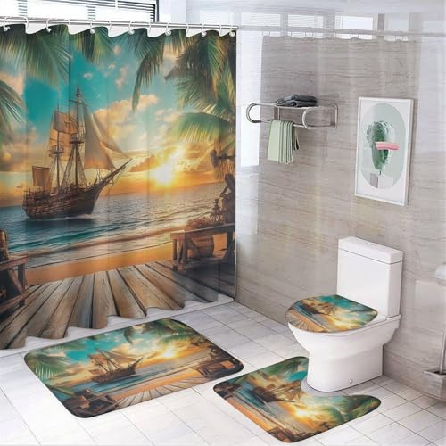 TOWINSFB 4Pcs Vintage Nautical Sailboat Shower Curtain Sets Bathroom Decor, Sunset Beach Palm Tree Shower Curtain with Non Slip Rug, Toilet Lid Cover, Bath Mat and 12 Hooks 72W x 72L