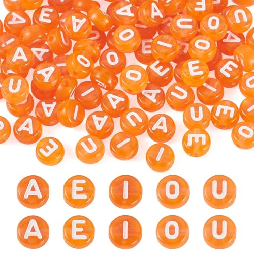 Beadthoven Acryl-Buchstabenperlen, 7 mm, transparent, flach, rund, Vokal, Alphabet, Pony, 1,6 mm Loch für DIY-Armbänder, Halsketten, Schmuckherstellung, Orange, 100 Stück