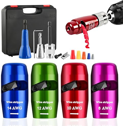 Drill-Powered Wire Stripper and Twister Tool Kit with 4 interchangeable heads and accessories - Connector Tool for Power Drill specially designed for stripping the insulating layer of AWG