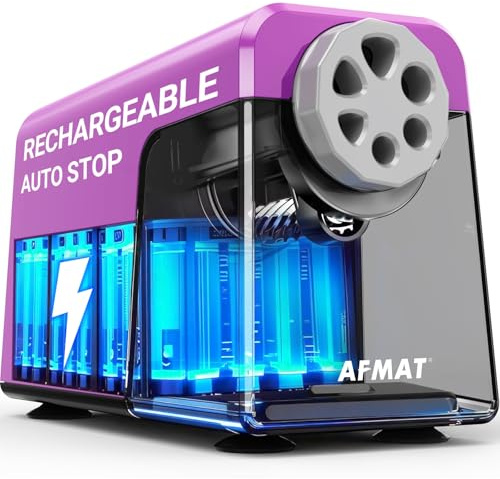 AFMAT Temperamatite elettrico a 6 fori con contenitore, autostop & matite, ricaricabile, temperamatite elettrico per 6 – 11 mm n. 2/grandi/pastelli, 10.000 punte, viola