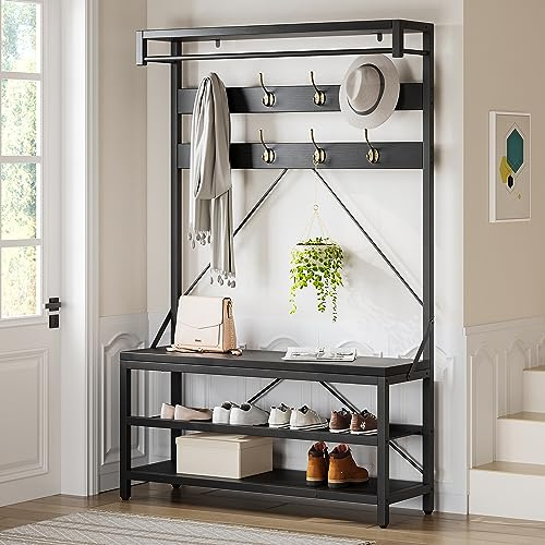 AffinityFurn Coat Rack with Shoe Storage Bench, Hallway Storage Unit, Black