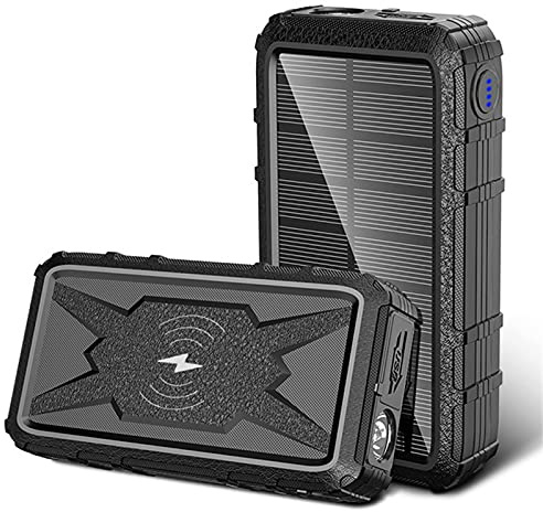Power Bank Solar Charger, Solar Qi Wireless Charger Powerbank External Battery Portable Outdoor Waterproof,Black