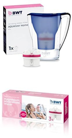 Bundle | BWT Jarra Filtradora de Agua Aqualizer Azul 2,7L | Reduce Cal, Cloro e Impurezas y Enriquece con Magnesio – incl. 4 Cartucho MAGNESIO | Hasta dureza de 14,9 °dH
