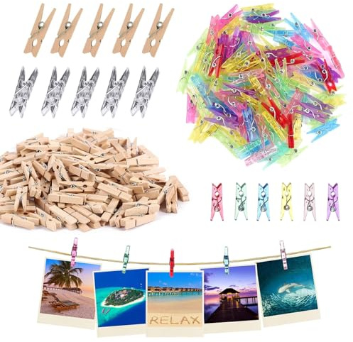 Mini mollette Legno 100 Pezzi 2.5 cm Colorate Trasparenti Naturali con Corda Iuta per Decorazione Foto Collage Cartoline casa Feste Fai da Te