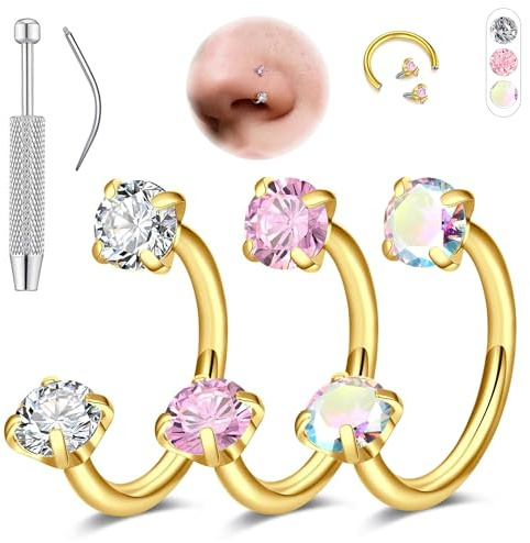 Aidenn 18G Hufeisen Nasenpiercing für Damen, 6-8 mm Nasenring Piercing Schmuck Set gold & silber, doppelter CZ Hufeisen Ringe, chirurgischer Stahl für Helix, Tragus, Labret Lippenpiercing