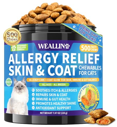 Allergy Relief Chews for Cat, 500 Crunchy & Krill Core With Omega-3 Probiotics for Allergy Relief, Immunity Supports Seasonal Itching Paw Licking & Scratching Itchy Skin & Coat Support Chicken Flavor