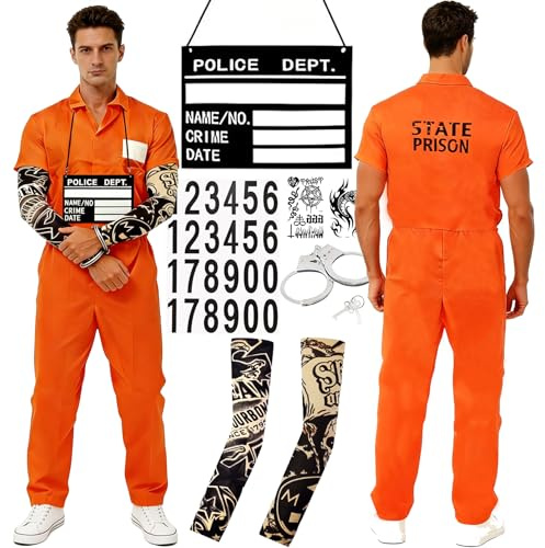 Taechalingo Sträfling Kostüm,Prisoner Overall Kostüm,Gefängnis kostüm Zubehör,Prison Costume Orange,Prisoner Costume Gefängnis Oranger Overall mit Informationstafel Kartenhalter Handschellen