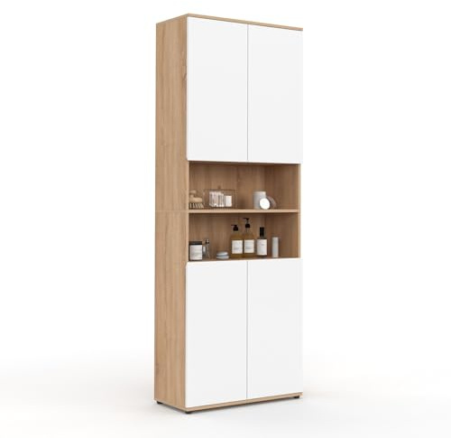IDMarket - Meuble Armoire Colonne Salle de Bain TOMI façon hêtre et Blanc | Avec 4 portes 2 niches
