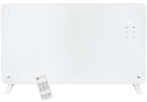 EMERIO Glaskonvektor Glasheizung Elektroheizkörper | 76,5x47cm | Fernbedienung | Elektroheizung Stand- oder Wandgerät | LED Display | Thermostat 10-35°C | 24h Timer | 2000 Watt | IP24 | GR-133080.1
