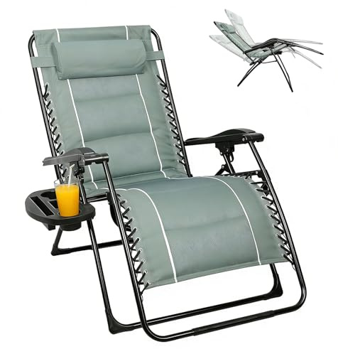 Sonnenliege Liegestuhl Klappbar, 85 cm Extra Breit Gartenliege Klappbare, Gartenstuhl mit Getränkehalter & Nackenkissen, Klappliegestuhl Relaxliege Verstellbarer Rückenlehne, Bis 150kg (Graugrün)