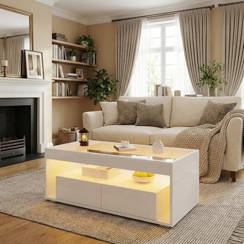 39F Furniture Dream High Gloss White LED Coffee Table with Glass Top, 2 Drawers & Open Storage, App-Controlled RGB Lights, Modern Centre Table for Living Room, 100x50x40cm