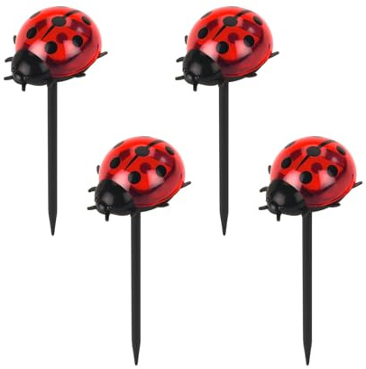 Maximex Picchetto da giardino LED coccinella, set da 4, sensore crepuscolare, resistenti alle intemperie, lampara solare per aiuole e vasi, ciascuno 8 x 14 x 6 cm, plastica