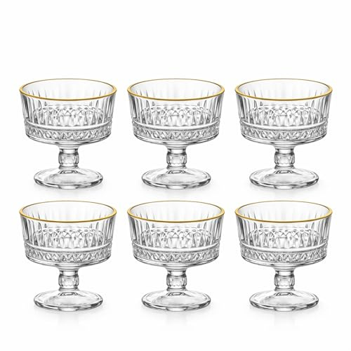 Vessler Eisschalen-Set 6, 12 oder 24 Stück mit Goldrand – 200ml Dessertschalen aus Glas in Kristall-Optik – Vintage Nachtischschalen für Eis, Obst & Snacks – Spülmaschinenfest & Robust (6)