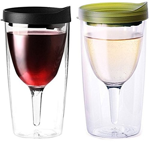 Vino2Go | The Ultimate Outdoor Wine Glass. Double Wall Acrylic Tumbler with Black and Verde Lids, 10 oz, Pack of 2