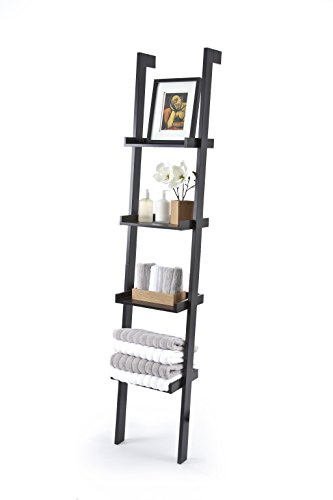 Black Ladder Leaning Bookshelf, wood/MDF with black paint finish, 4 Tiers - Sennen Range by Elegant Brands