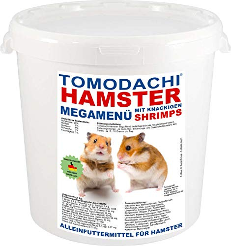 Tomodachi Hamsterfutter, Hamsternahrung, Alleinfutter Hamster mit tierischem Protein - Garnelen, Erbsenflocken, Möhrenflocken, Kräutern, Getreide, Nüssen, Hamster MegaMenü 3kg Eimer