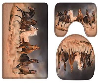 A.Monamour Badezimmer Badematte 3 Teilig Set Sechs Pferd Ländlichen Land TierWeichen Toilette Deckel Kissen Pads Für Wc-Zubehör Flanell Saugfähig Badteppiche Badvorleger Badgarnitur WC Vorleger