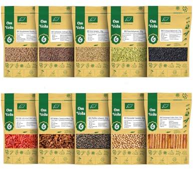 BIO Gewürze Indische Küche 10er STARTER SET 1 - Kreuzkümmel, Senfsamen, Anis, Fenchel, Schwarzkümmel, Chili, Nelken, Zimt, Pfeffer, Koriander | Gewürzset Geschenkset