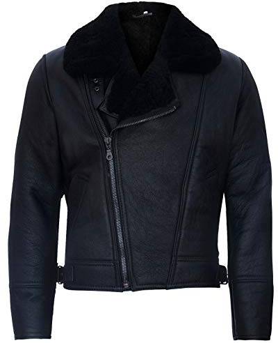 Herren Aviator Cross Zip Shearling Schaffell Schwarz Lederjacke