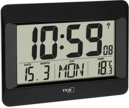 TFA Dostmann Horloge Murale numérique, 60.4519.01, avec température intérieure, Jour de la Semaine (réglable en français et 7 Autres Langues), Date, réglage du Fuseau horaire, Noir