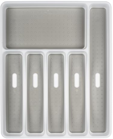 Almineez 6 Compartment Cutlery Tray Kitchen Drawer Organiser BPA Free Utensils Spoon Fork Holder Plastic Storage Rack Kitchen Tableware Flatware Anti Slip Multipurpose Divider Sliding Tidy