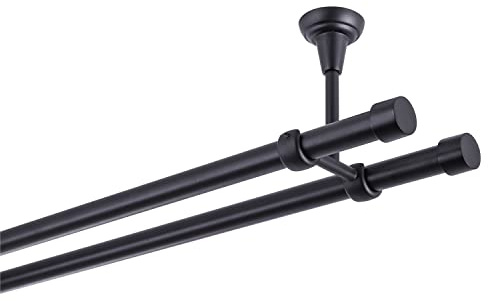 Bastone per tende nero, 400 cm, 2 binari, 19 mm, in metallo, fissaggio a soffitto, tappo diritto