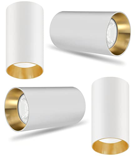 Maclean MCE458 Deckenaufbauleuchte 4-er Pack mit GU10 Fassung für LED & Halogen Leuchtmittel bis 35W 55x100mm Aufputz Aufbauleuchten Aluminium (4 Stück inkl. Leuchtmittel, Weiß/Goldener Reflektor)