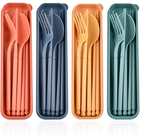 Cuayaes Travel Cutlery Set with Case, Portable Camping Cutlery Set for 4, Reusable Plastic Chopsticks Knife Spoon and Fork Set for Lunch Box Work Picnic School