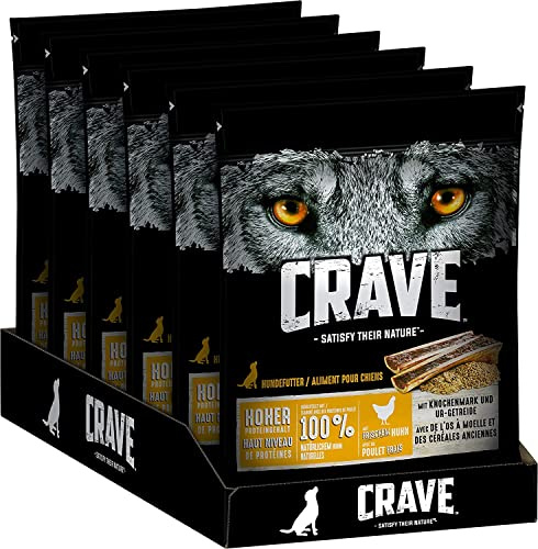Crave Premium torrfoder kyckling med benmärg och urspannmål för hundar – spannmålsfri vuxen hundmat med hög proteinhalt – 6 x 1 kg
