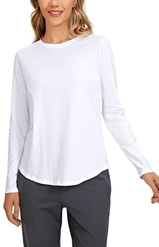 CRZ YOGA Coton Pima Chemises à Manches Longues pour Femme Col Rond Athletic Yoga Décontractés Léger Tee Shirt Blanc 40