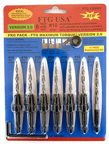 FTG USA Tapered Countersink Drill Bit Set 6 Pc #10 (3/16) Countersink Bit Same Size, 1 Tapered Drill Bit Replacement, Wood Countersink Drill Bits