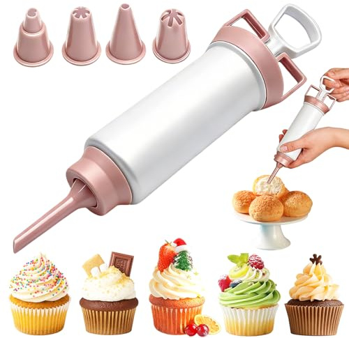 Suuker Cake Decorating Gun, Cupcake Icing Piping Kit, Cake Decorating Kit with 5 Piping Tips, Cupcake Injector/Decorating Icing Set, Pink