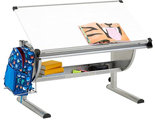 CARO-Möbel Kinderschreibtisch Sari höhenverstellbar in weiß/alu, Schreibtisch für Kinder neigbar mit Rille für Stifte, Schülerschreibtisch mit Ablage und Rucksackhalterung