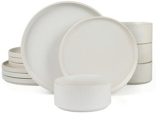 Famiware Star Dinnerware Sets, Plates and Bowls Set for 4, 12 Pieces Ribbed Dishes - Chip and Scratch Resistant, Microwave and Dishwasher Safe Tableware, Matte White
