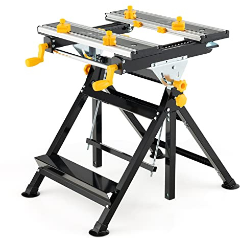 S AFSTAR Folding WorkBeach, Portable Work Table with Tiltable & Extendable Tabletop, 8 Sliding Non-marring Clamps & 2 Clamping Handles, 7-Level Height Adjustable Work Bench for Repairing Welding