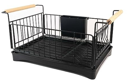 INTIRILIFE Scolapiatti in acciaio inossidabile en Nero con vaschetta di drenaggio - 50 x 29 x 23.5 cm - Con manici in legno, porta posate, vaschetta di raccolta acqua con scarico