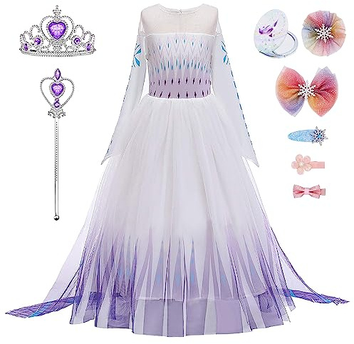 New front Kostüm Prinzessin Elsa Mädchen Kleid Schneeflocke Eiskönigin Krone Zauberstab Verkleidung Karneval Weihnachten Geburtstag Halloween Spiegelnde Haarnadel,Violett 2,160