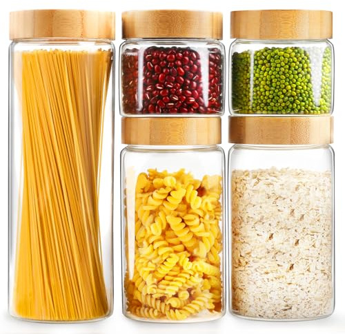 AISIPRIN Airtight Glass Jar with Lid, Glass Storage Containers with Screw On Bamboo Lids, for Cookie, Pasta, Cereal Storage Containers, 5Pcs 80oz 50oz 27oz Canisters Sets for the Kitchen