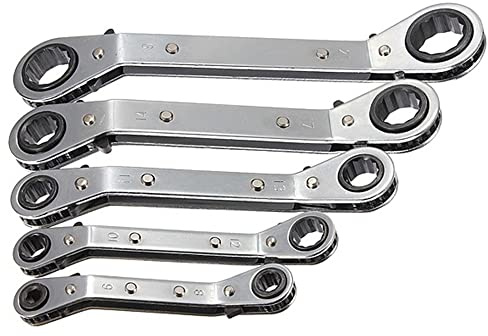 TopHomer Offset Ratchet Spanner, 5pcs Reversible Double Ring Ratcheting Wrench Set, 6-21 mm Box-end Combination Wrenches, CV Steel Silver