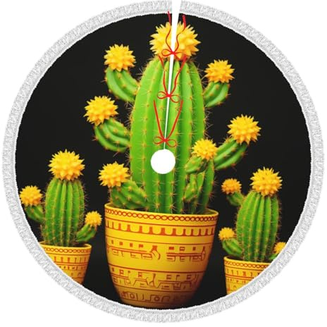 Jupe de sapin de Noël douce avec pompons - Imprimé cactus jaune - 122 cm