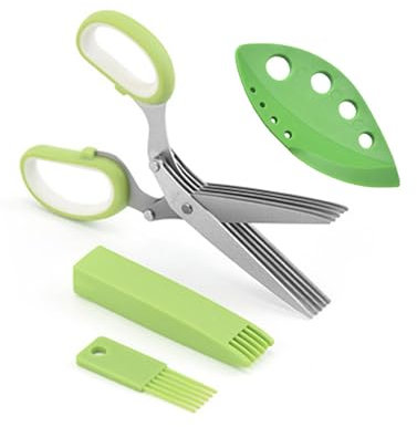 Tioheam Set spogliarellista per Erbe - 4 Confezioni di Forbici per Erbe aromatiche con 5 Lame e Coperchio - Pelapatate da Cucina Forbici per Erbe aromatiche a 5 Lame in Acciaio Inox per bietole