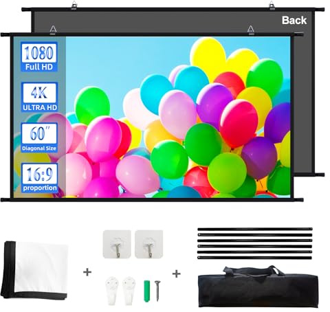 Projector Screen black backing,16: 9 hanging Projector Screen 60 Indoor Movie Screen with 4K Full HD 3D Gain 1.0 Projection screen for wall mounting Panel screen for office presentations Home theater