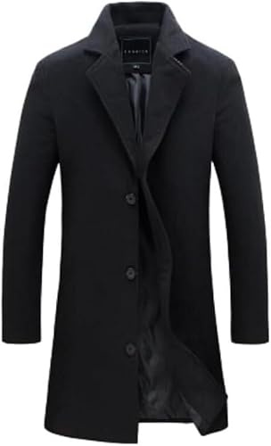 Mens Wool Blend Long Trench Overcoat Notched Collar Three Button Coat