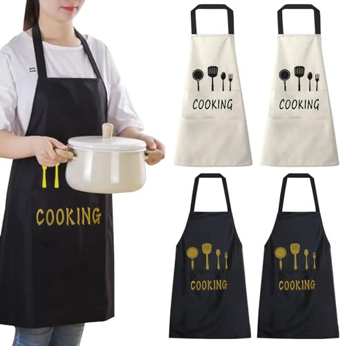 TOKSEO 4 Stück Schürze Damen Schwarz und Beige, Schürze Wasserdicht mit Taschen,Ölfest Küchenschürze Damen, Schürzen für Küche,Kochen,Backen,Hausarbeiten