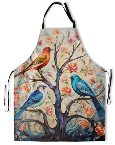 PIUS Bunte Schürze mit 2 Taschen, Malschürzen für Erwachsene, Kunst, Lätzchen, Schürzen, Kochen, Grillen, Backen, Grillschürze, Vögel auf blühenden Bäumen, One size