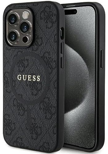 Guess GUHMP15LG4GFRK Hülle für iPhone 15 Pro 6.1 Schwarz hardcase 4G Collection Leather Metal Logo