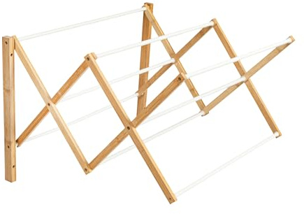 Household Essentials Bamboo and Metal Wall Mount Extendable Drying Rack, Compact Upscale Laundry Rack with 8 Dowels, White