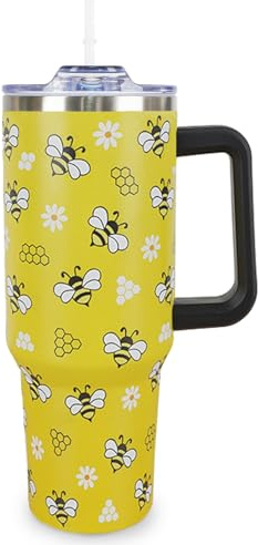 Bee 40 Oz Tumbler With Handle and Straw - Yellow Cup Water Bottle Drinking Glass, Gifts for Women Girls Bee Lovers, Accessories Stuff for Christmas Birthday