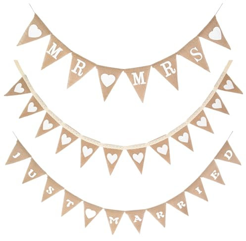 Just Married Wimpelkette Girlande - Hochzeitsdeko Vintage mit Herz Hessischen, Mr Mrs Jute Bunting Banner für Hochzeit Braut Verlobung Dekoration